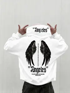 Men's Dark Fallen Angel Long Sleeve Hoodie, Gothic Trendy Top, Casual Fitted Graphic Aesthetic Sweatshirt, Fall & Winter Fashion, H Type Silhouette