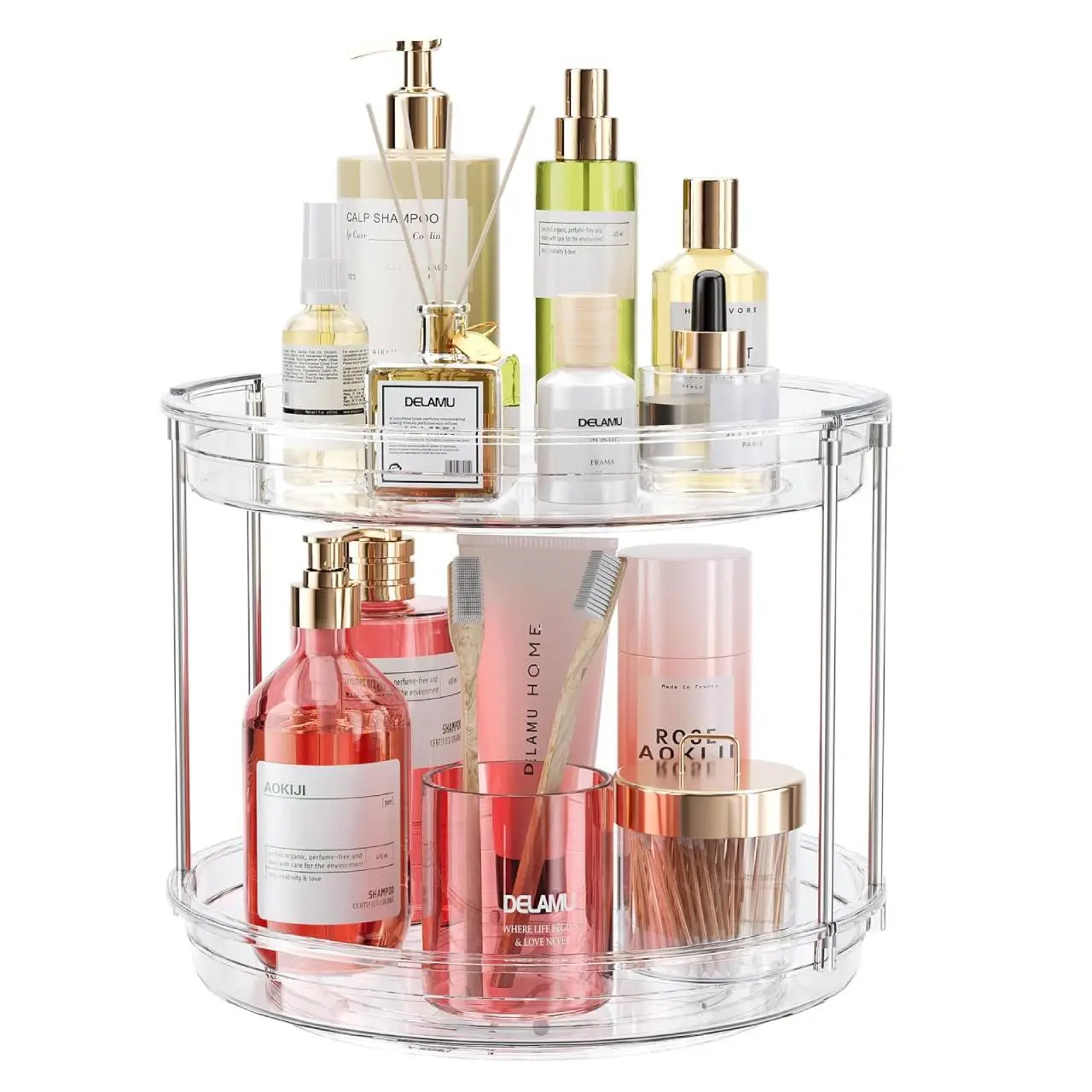 2-Tier Rotating Makeup Organizer,Lazy Susan Perfume Organizer Bathroom Organizer, Spinning Skincare Organizer,Cosmetic Display Case with Brush Holder Perfume Tray, Multi-Function Storage Carousel for Vanity Bathroom Countertop mothersdaygift