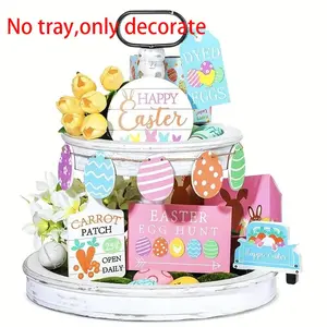 Easter Colorful Tiered Tray Set Decor without Tray, 1 Set Easter Wooden Crafts Decoration for Home, Easter Table Centerpieces, Festive Gift, Ornaments