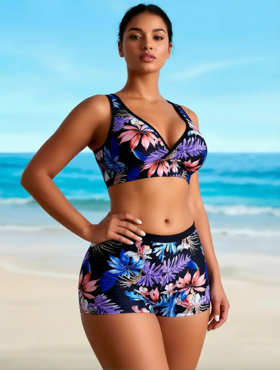 Women's 2-Piece V-Neck Tropical Leaf Print Tankini Swimsuits - High Waist Boyshort Bottom, Modest Sporty Bathing Suit for Beach, Pool