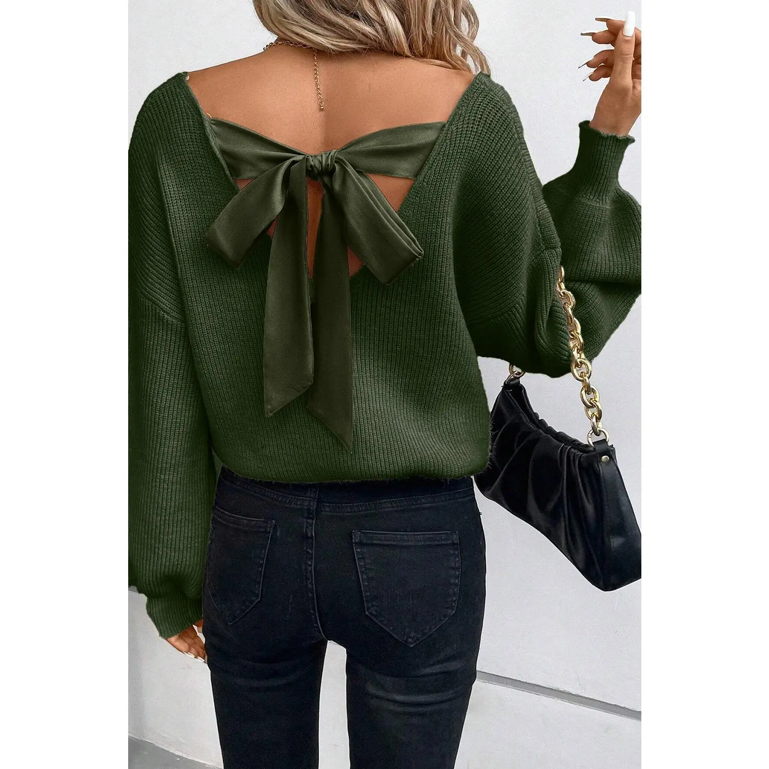 Jungle Green V Neck Knot Sweater