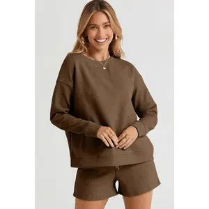 Double Take Full Size Texture Long Sleeve Top and Drawstring Shorts Set