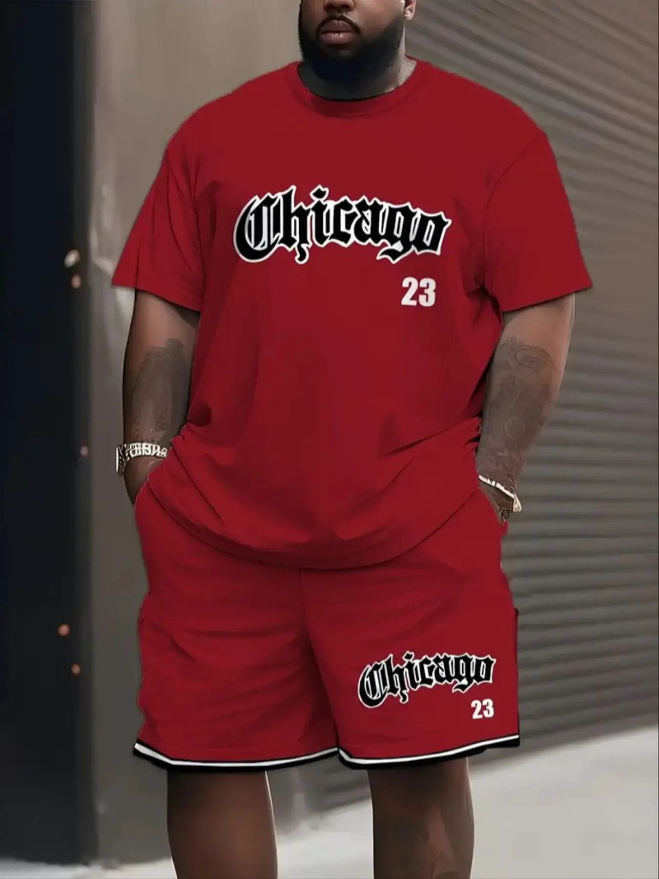 Men's Plus Size Chicago Bulls Jersey Set, Summer Short Sleeve Top and Pants Two-Piece, Outdoor Casual Sports Wear with Drawstring