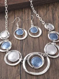 A Pair Of Earrings And A Necklace, Thick Silver - Tone, Light Blue, Thin Coated Geometric Hollow Jewelry Set, Elegant Artistic Style Necklace & Earrings Two - Piece Set, Suitable For Banquets & Commuting, High - End Texture, Exquisite Gift For Girlfriend