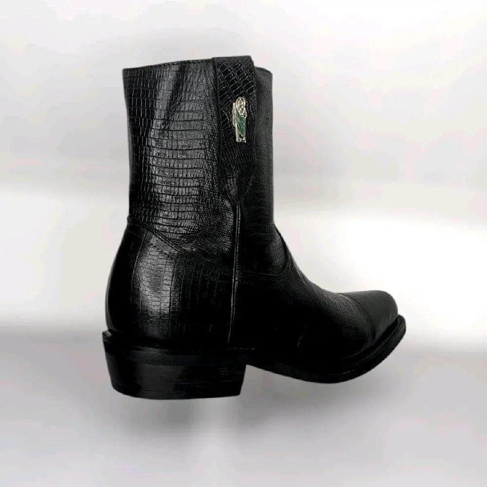 Men's Boots, ARMADILLO Animal Print Cow Hide Dress Boots - Flexible Real Leather Short Boots with Zipper, All-Season, Black Color, Walking, Footwear.