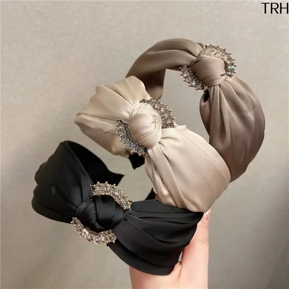 Women's Luxury Satin Wide Headbands - Central Twisted Knot, Rhinestone Circle Decor, Soft Non-Slip, 3 Neutral Vintage Tones, Female Commute & Party Hair Accessories, Thick Headbands, Ribbed Fabric, Elegant, Beaded Rhinestone Headbands