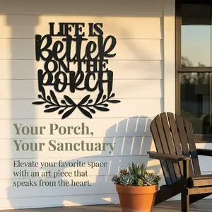 Life Is Better On The Porch Iron Wall Decor,Metal Porch Wall Sign,Outdoor Patio Wall Art,Rustic Laurel Wreath Porch Decor,Backyard Iron Wall Accent