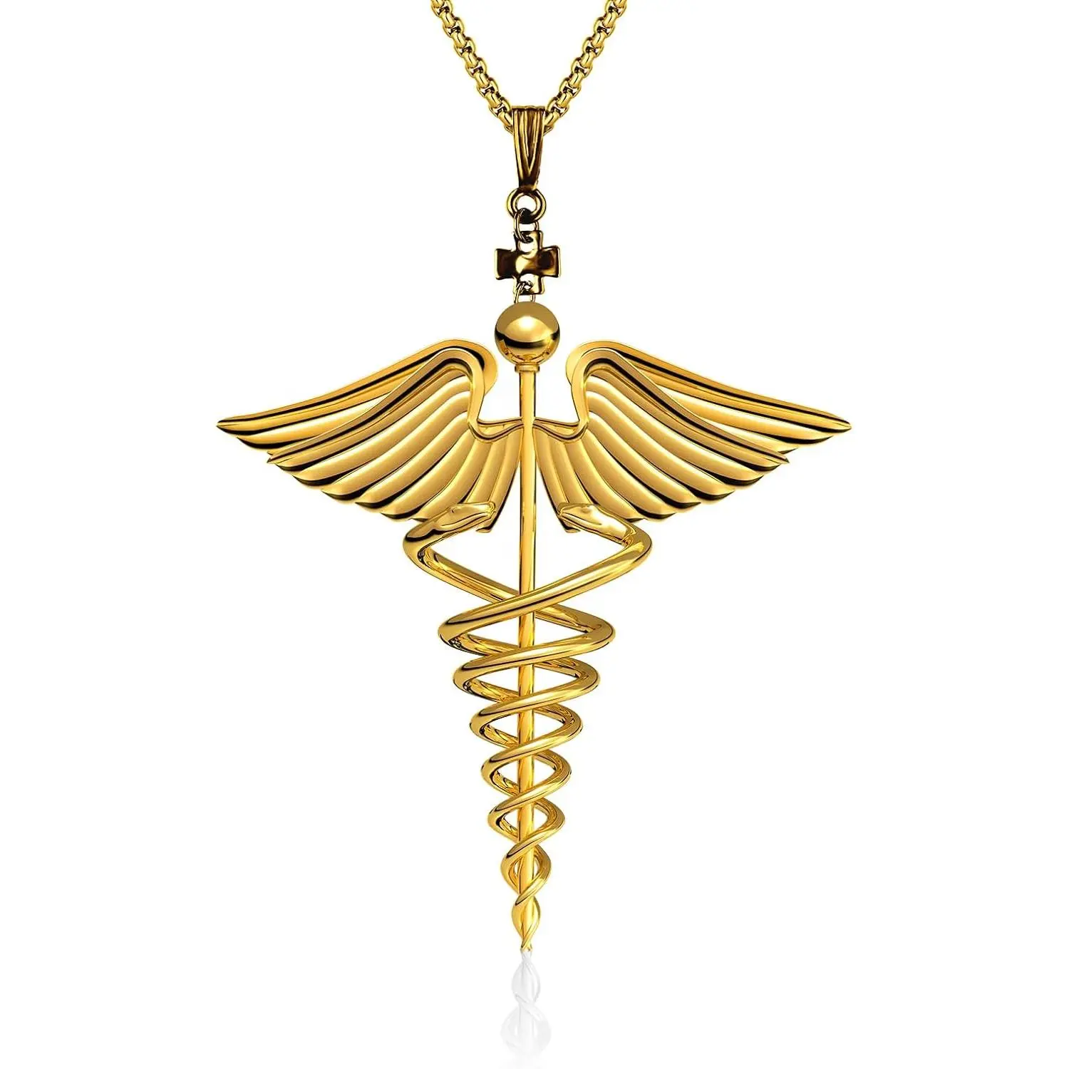 Gold - Plated Copper Caduceus Pendant Necklace, Gold-Plated Copper, 1.98x1.82 Inch, 19.69 Inch Chain, Professional Symbol Design Copper - Plated Chain, Fashion Jewelry Gift