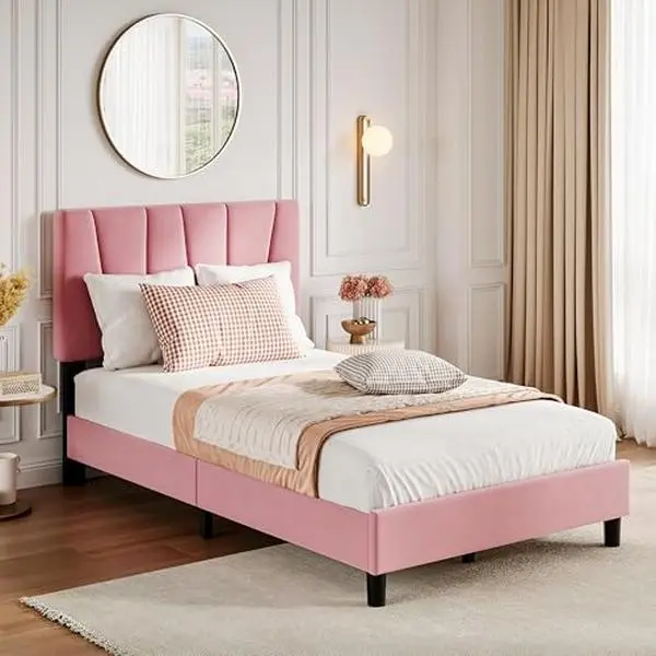 GAOMON Linen Fabric Single Twin Size Bed Frame - 3-Height Adjustable Headboard, Chic Stitching, Memory Foam Compatible, Strong Wooden Slats, Quiet Design, No Box Spring Needed, Easy Setup for Single Person