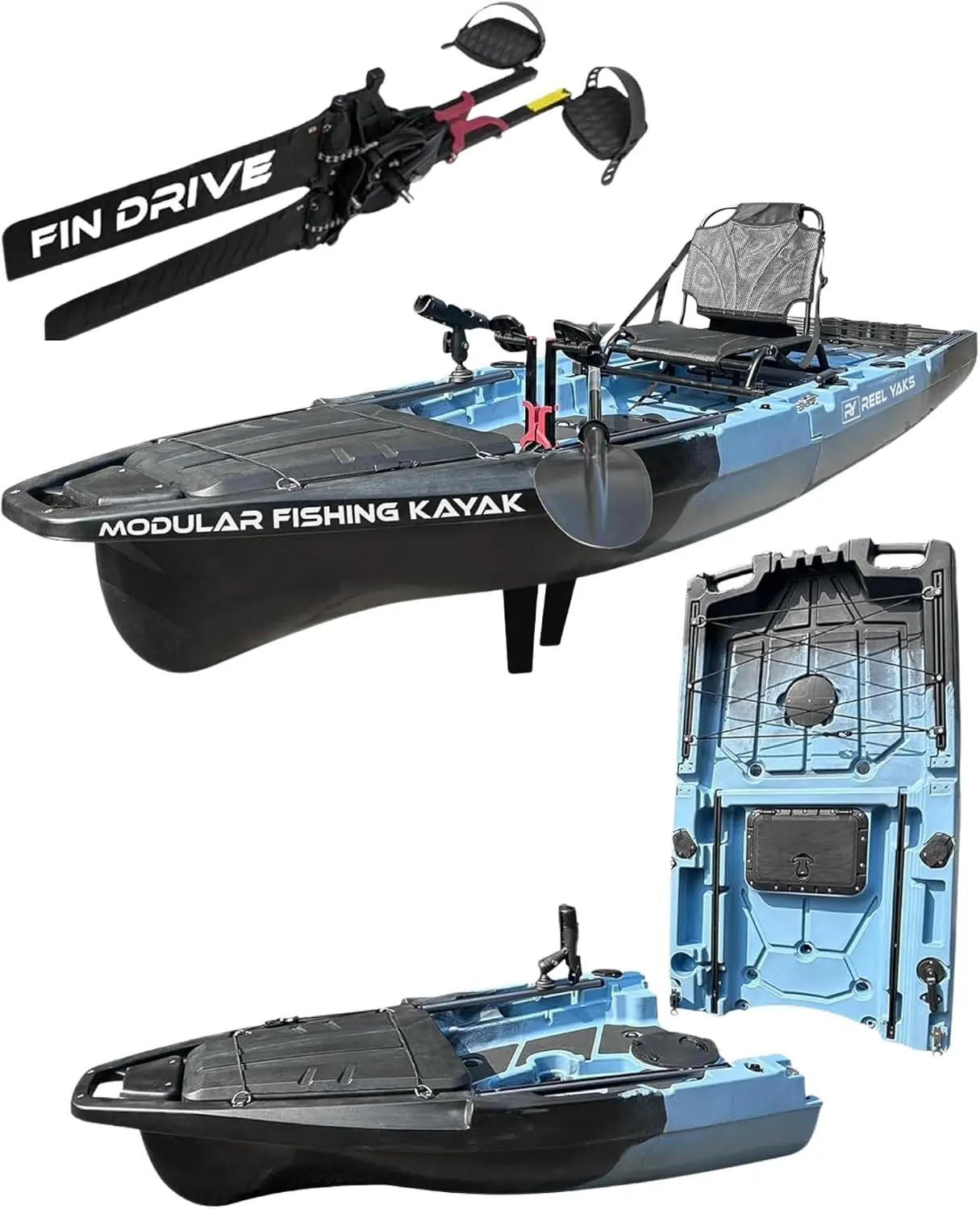 Reel Yaks Recon Modular Fishing Kayak, 10.5ft, 400 lbs Capacity | Blue Gray, Pedal Kayaks for Adults & Youth, Sit on Top, Lightweight, Portable, Fits in Trunks & Closets, Gear Storage