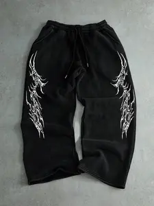 Trendy Street Style Drawstring Sweatpants, Symmetrical Graphic Print, Casual Fashion, Comfortable Fit, Unisex Fall & Winter Wear, Drawstring Waist Athleisure