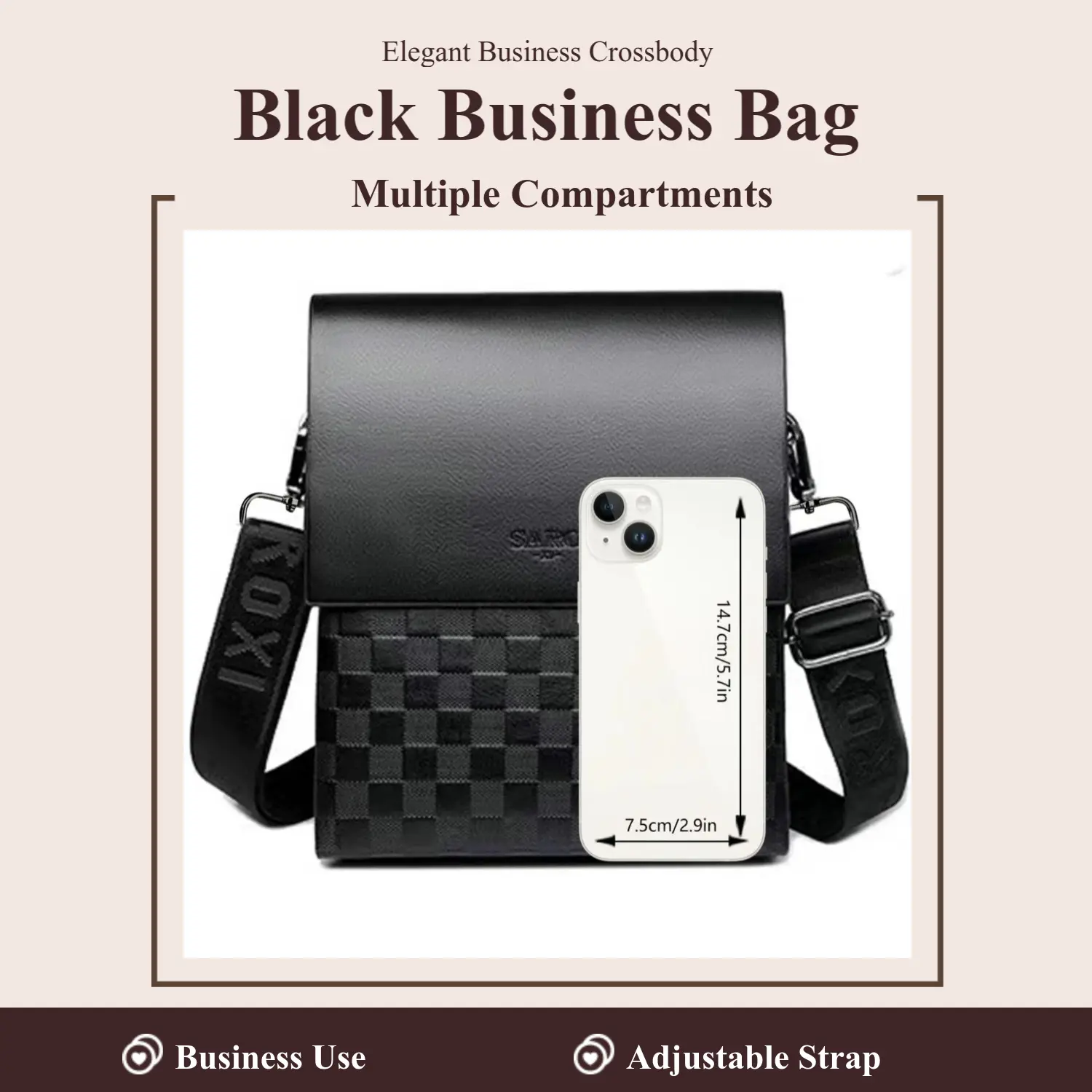 Men's Leather Work Bag - Stylish Crossbody Shoulder Messenger Bag with Adjustable Carved Strap, Soft Checkered Leather, Multiple Compartments Including Zippered Section, Ideal Gift Option