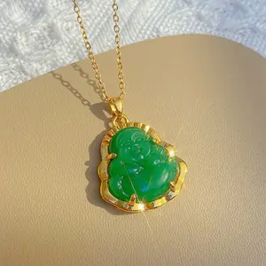 18k gold plated necklace with shiny green jade Buddha pendant, luxury jewelry gift for men and women