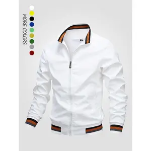 Men's Striped Trim Zip Up Varsity Jacket, Regular 2024 Mens Jacket, Streetwear Long Sleeve Pocket Baseball Jacket, Windbreaker Bomber Jacket, Men's Fall Clothing for Daily Wear Tops Casual White Coats Menswear Gamis Motocross