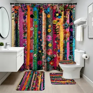 Colorful Floral & Geometric Shower Curtain Set (1/3/4 Pcs) with Sturdy Hooks, High-Quality Flowers & Garden Design Straight Shower Curtain for Bathroom Decor