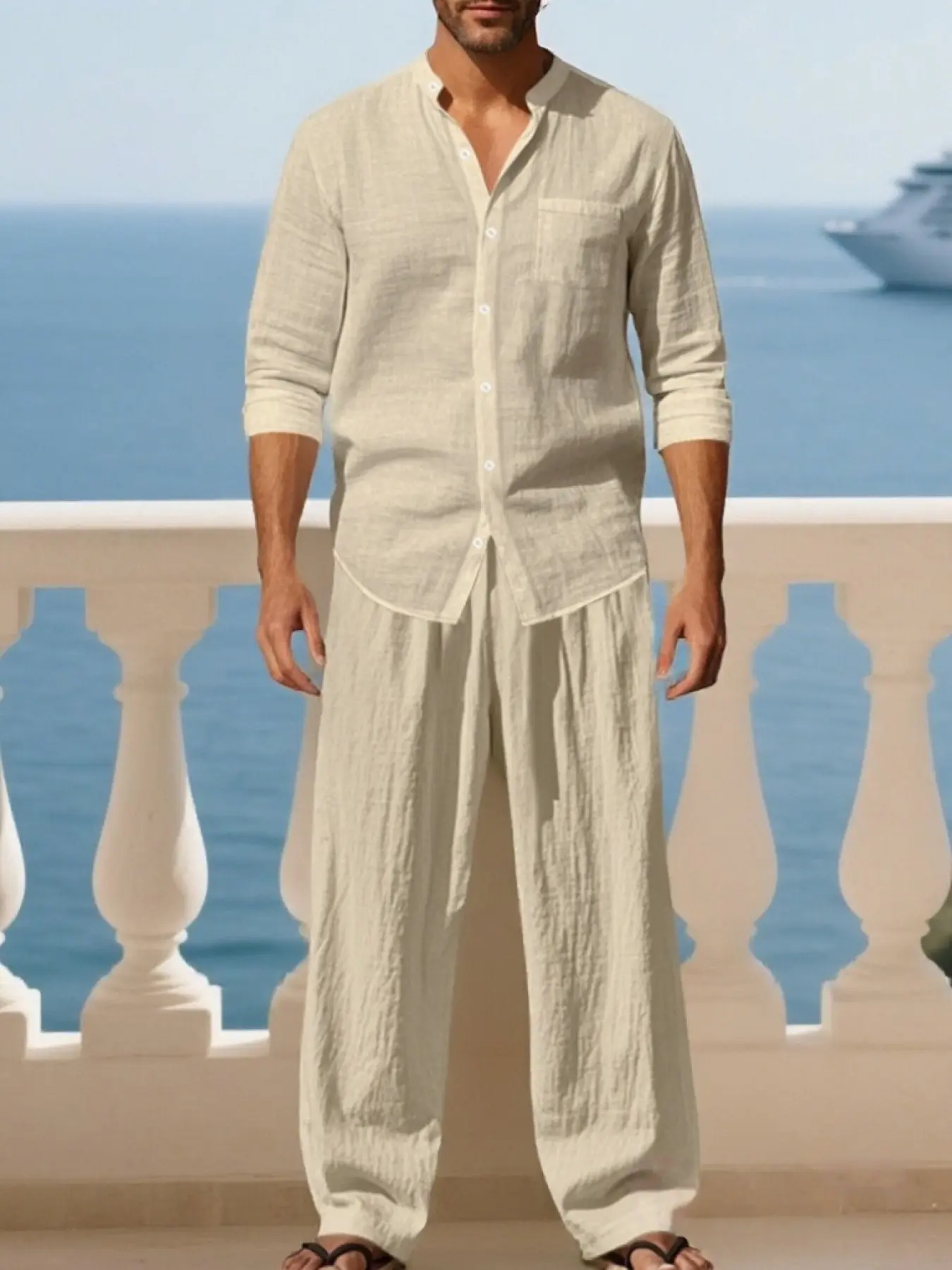 Men's casual linen blend suit - long-sleeved shirt and linen pants, lightweight breathable loose casual fit, suitable for daily casual wear, beach vacations and outdoor activities, Linen Suits Set, Casual clothing set, All Season Set