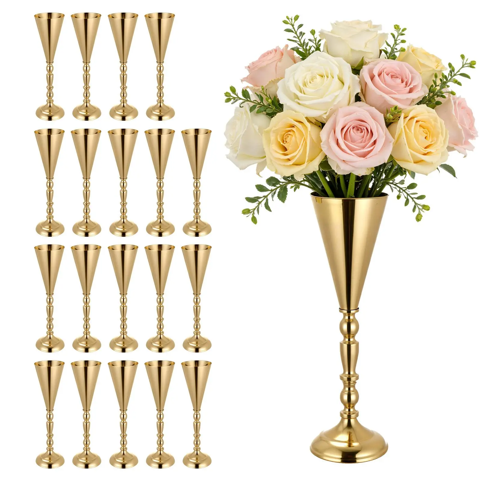 【SummerFinds】VEVOR 20 PCS Wedding Flower Vase, 16.9 in Tall Trumpet Flower Table Centerpieces, Banquet Vases Easy Installation, Electroplated Versatile Arrangement Stand for Party Events Home Decor Reception, Gold