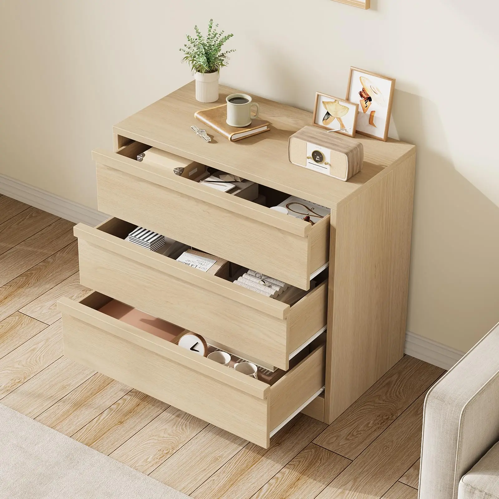 Gaomon 3-Drawer Natural Oak Modern Wood Dresser - Small Easy-Setup Organizer with Smooth Slides, Nightstand, Wooden Closet Cabinet for Bedroom Living Room