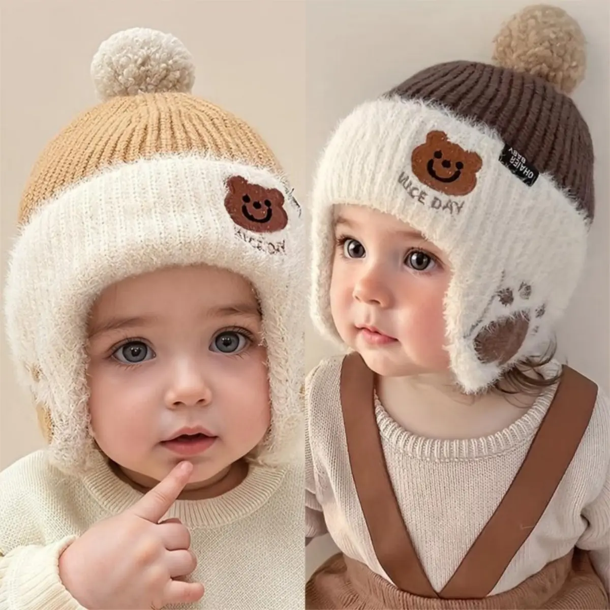Wool-Lined Toddler Bear Beanie with Pom-Pom, Cute Knitted Winter Hat and Neck Warmer Combo for Ages 1-3, Animals, Family Outings, Holiday Photoshoots, Warmth Boost, Adorable Themed Design, 2 - 3 Years, Fits Ages 1-3