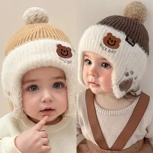 Winter Baby   with Bear Ears and Pom-Pom – Soft Plush Wool-Lined Cap for Toddlers Ages 1–3, Adorable Face-Cut Design with Warm Neck and Head Protection for Outdoor Cold Weather autumn Stretchy Knitted Thermal   baseball witch hat unisex beanie knit