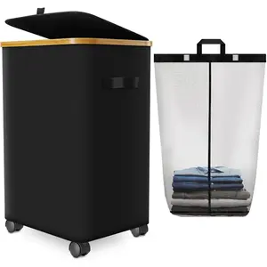 20Gal 75L Foldable Rolling Laundry Hamper with Lid Bamboo Frame Dirty Clothes Basket for Bedroom Dorm Laundry Room Black