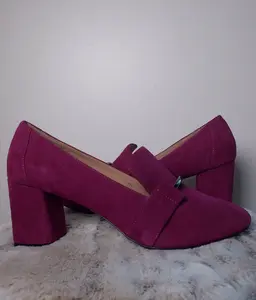 Tinea Prolo Purple Suede Block Heel Loafers | Structured Square Toe Pumps | Minimal Statement Heels