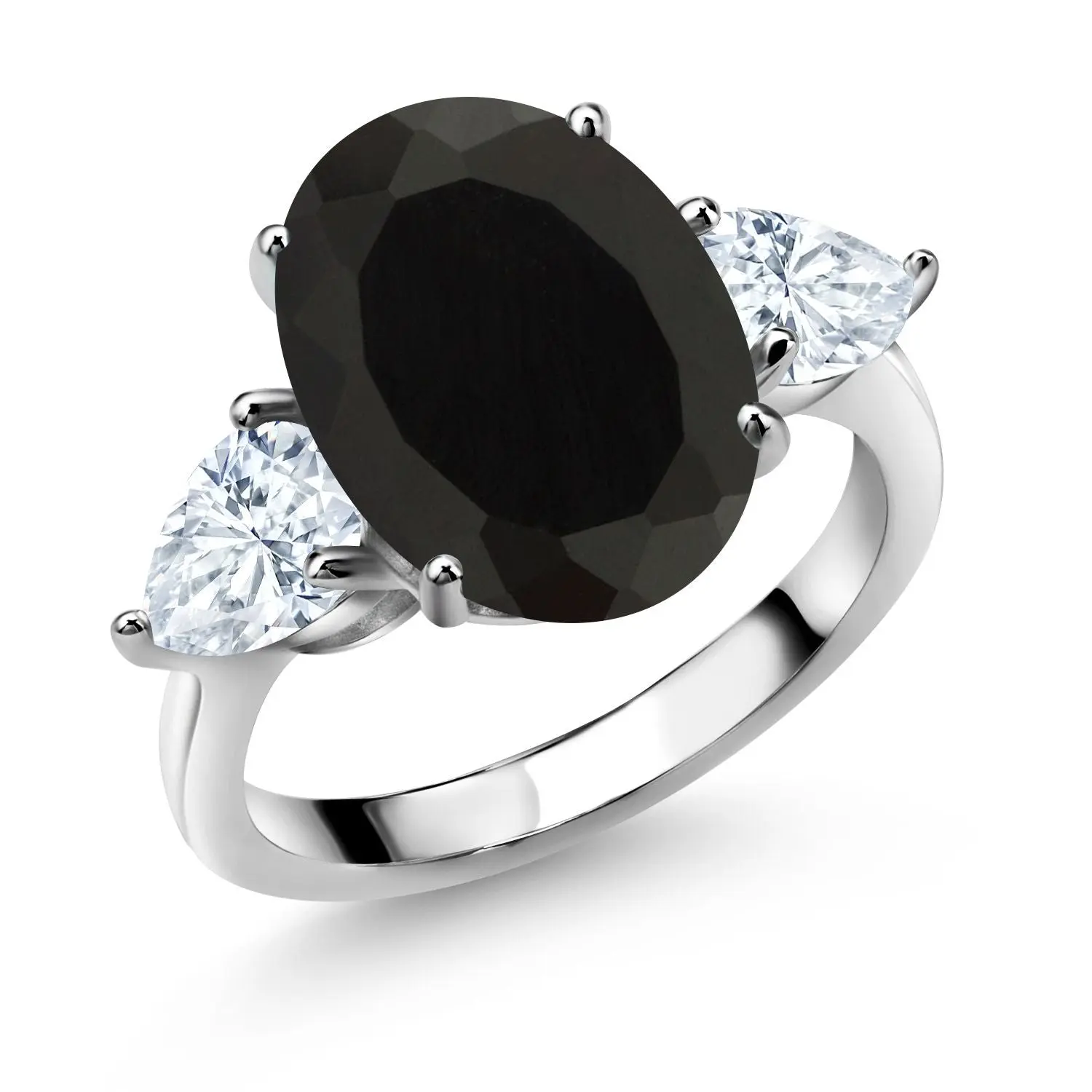 925 Sterling Silver 3-Stone Ring Oval Black Onyx and Moissanite (6.34 Cttw)
