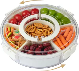 Divided Serving Tray with Lid and Handle,Fruit Platter for Snack Candy Charcuterie Organizer Portable Spinning Veggie Tray for Kitchen Party Travel and Picnic Stackable Snackle Box Container ware tubber 8-piece set meal prep supplies plate
