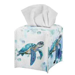 Sea Turtle Tissue Box Cover Holder, Square with Bottom Belt - PU Leather Decorative Organizer for Tabletop, Bathroom, Car, Office Decorative Storage Organiz