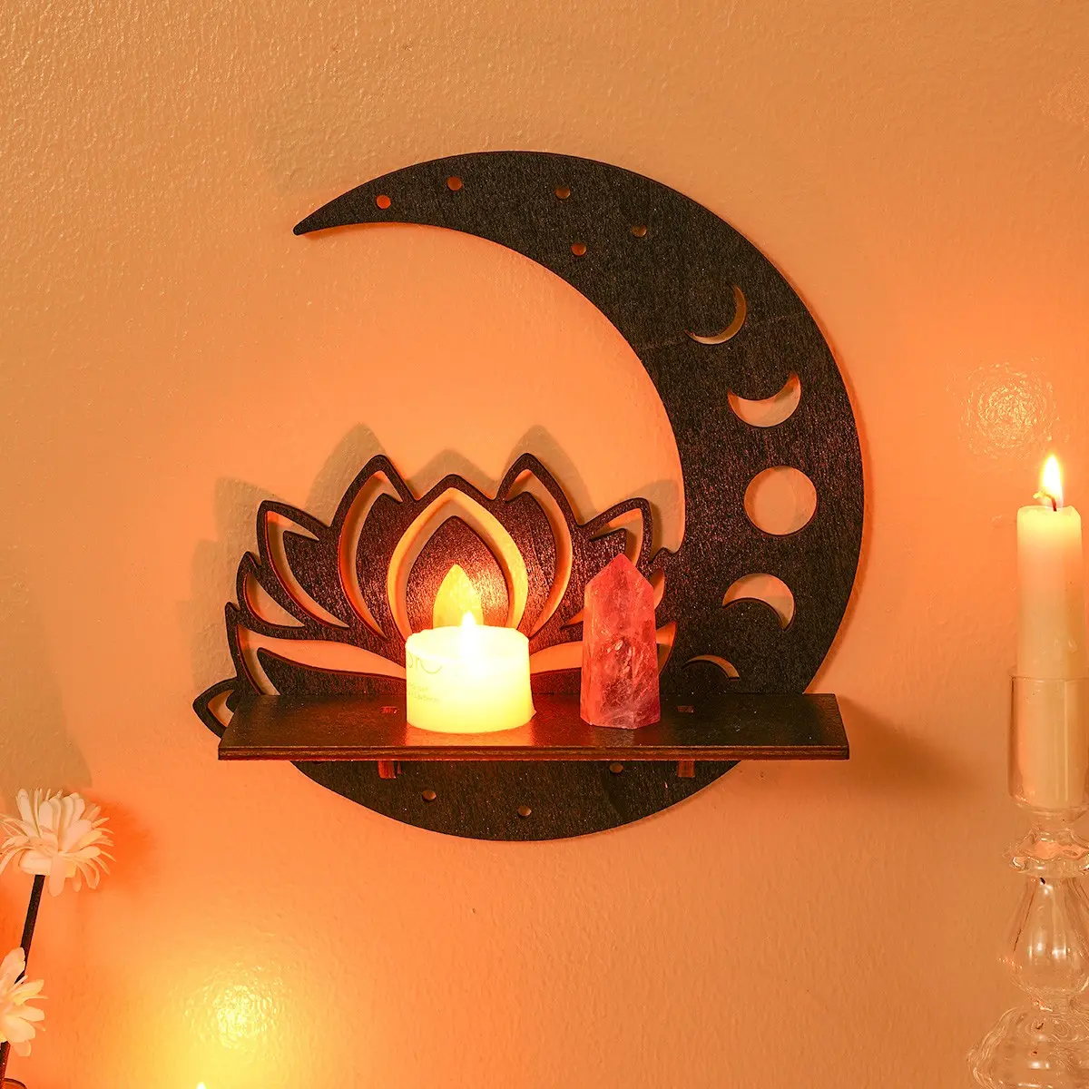 Simple Lotus Moon Hollow Design Floating Shelf, Wall Mounted Shelf, DIY Assembly Wooden Wall Storage Rack, Home Decor Display Shelves, Shelfs For Wall, for Living Room Bedroom Decoration