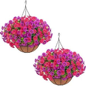 2 Pack Artificial Hanging Flowers for Outdoors, Vibrant Faux Flowers, Fake Flowers Artificial Petunias Hanging Baskets for Outdoors, UV Resistant Fake Hanging Plants Flowers for Outside Garden Patio Porch Decor