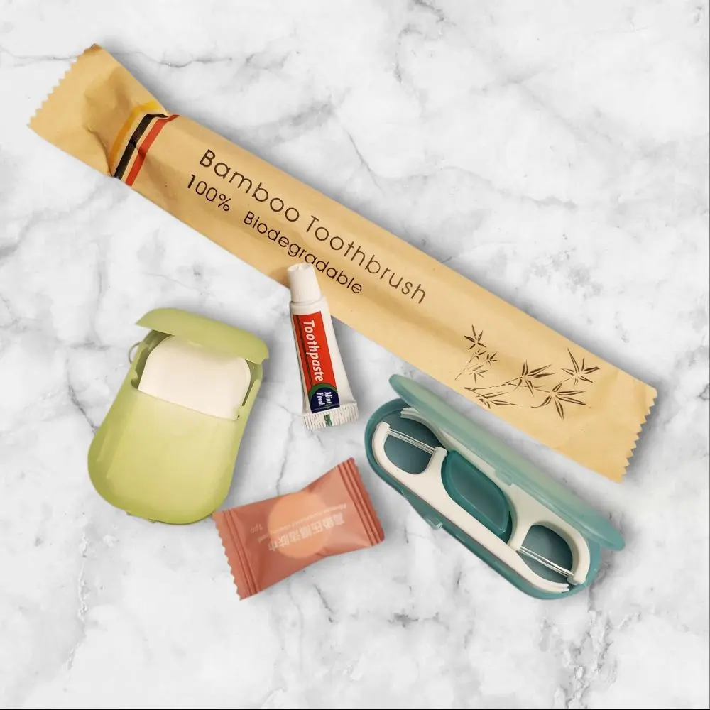 5 pcs Travel size bundle, all your essentials in one pack: toothbrush, mini toothpaste, dental floss box, hand soap box and compressed towel. Perfect oral hygiene travelers kit.