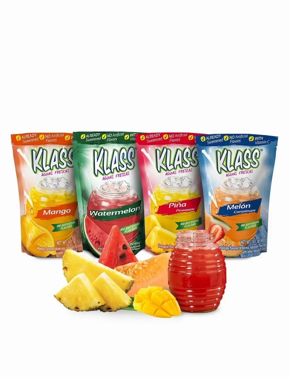 Klass Aguas Frescas Drink Mix Tropical Variety Pack, Watermelon, Cantaloupe, Mango & Pineapple Drinks Flavors, From Natural Sources, With Vitamin C (Makes 7 to 9 Quarts) 14.1 Oz Family Pack (4-Pack)