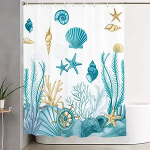 1/4pcs Coastal Comfort Shower Curtain and Bath Mat Set - Nautical Seashells, Starfish, and Coral Design in Soft Teal and Gold for Beach-Themed Bathroom Décor - Complete with Toilet Lid Cover and Shower Hooks for Summer Oasis Vibes Shower Curtain Sets