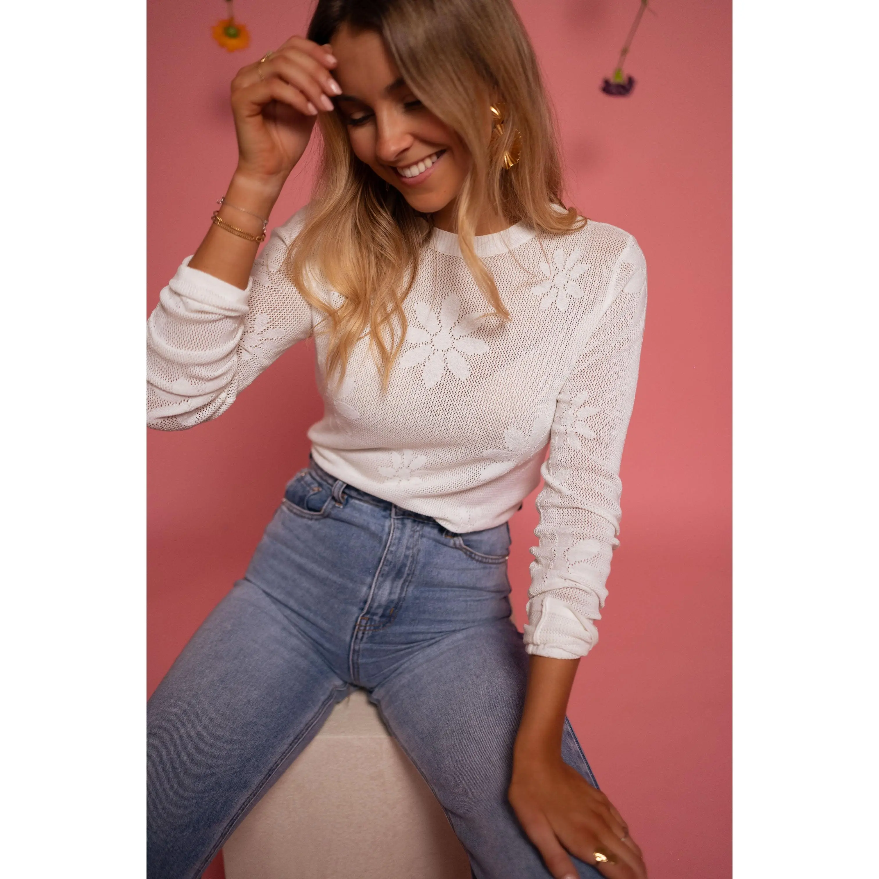EASY CLOTHES Women's White Daisy Marguerite Knitwear Top, Nylon Fabric Women's Knitwear Top