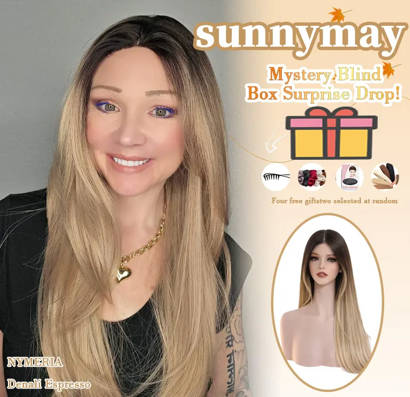 Sunnymay Layered Cut Women’s Fashion Synthetic Wig “NYMERIA (COLEEN) Denali Espresso” — Blonde Highlights Synthetic Lace Wig, Honey Blonde Wigs, Ash Blonde Wig, Curly Wig, Glueless Wigs, Ready to Wear, Pre-cut for Lace