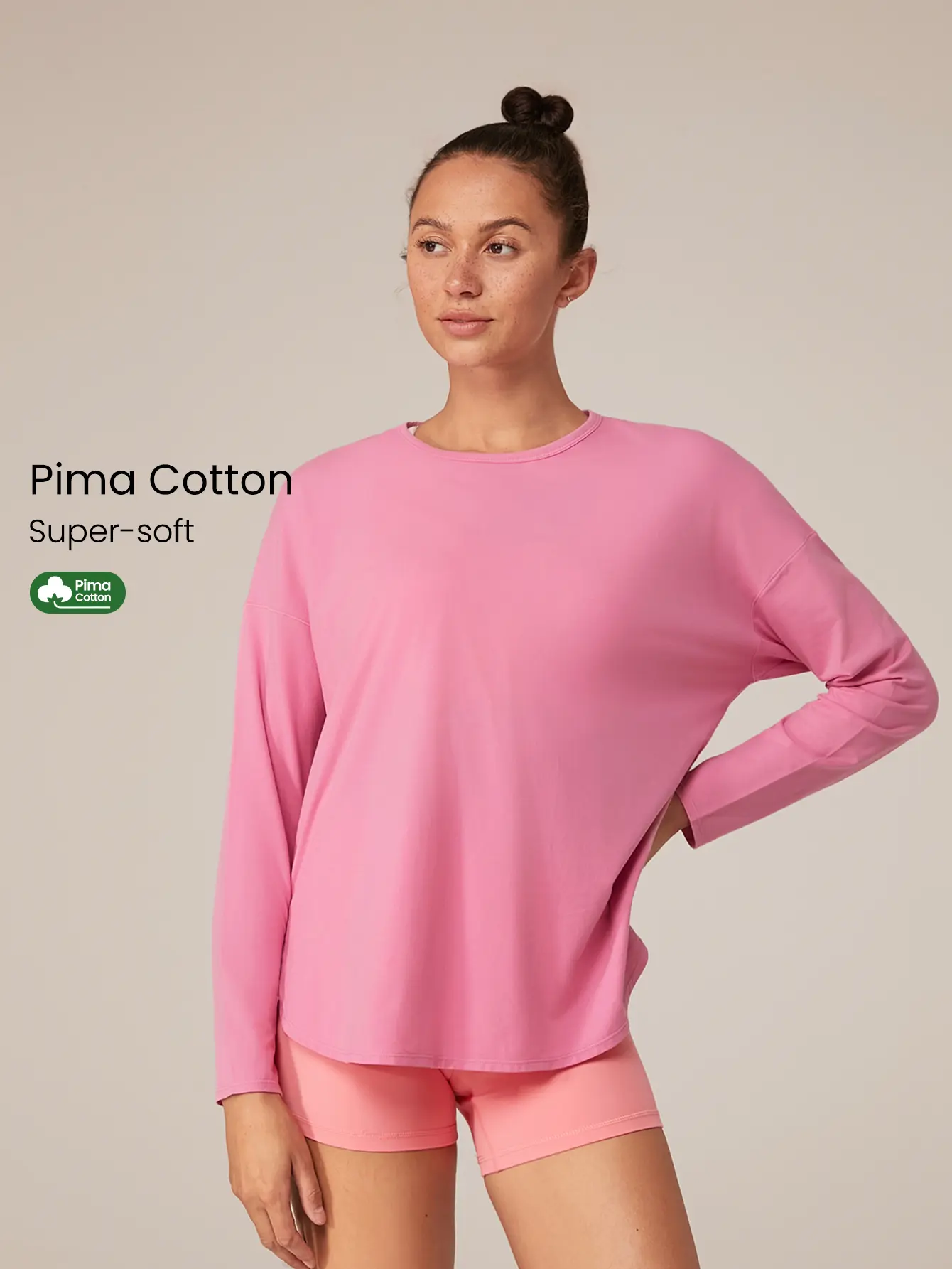 GLOWMODE Pima Cotton Oversized Long Sleeve Curved Slit Hem Round Neck Tee Daily Casual