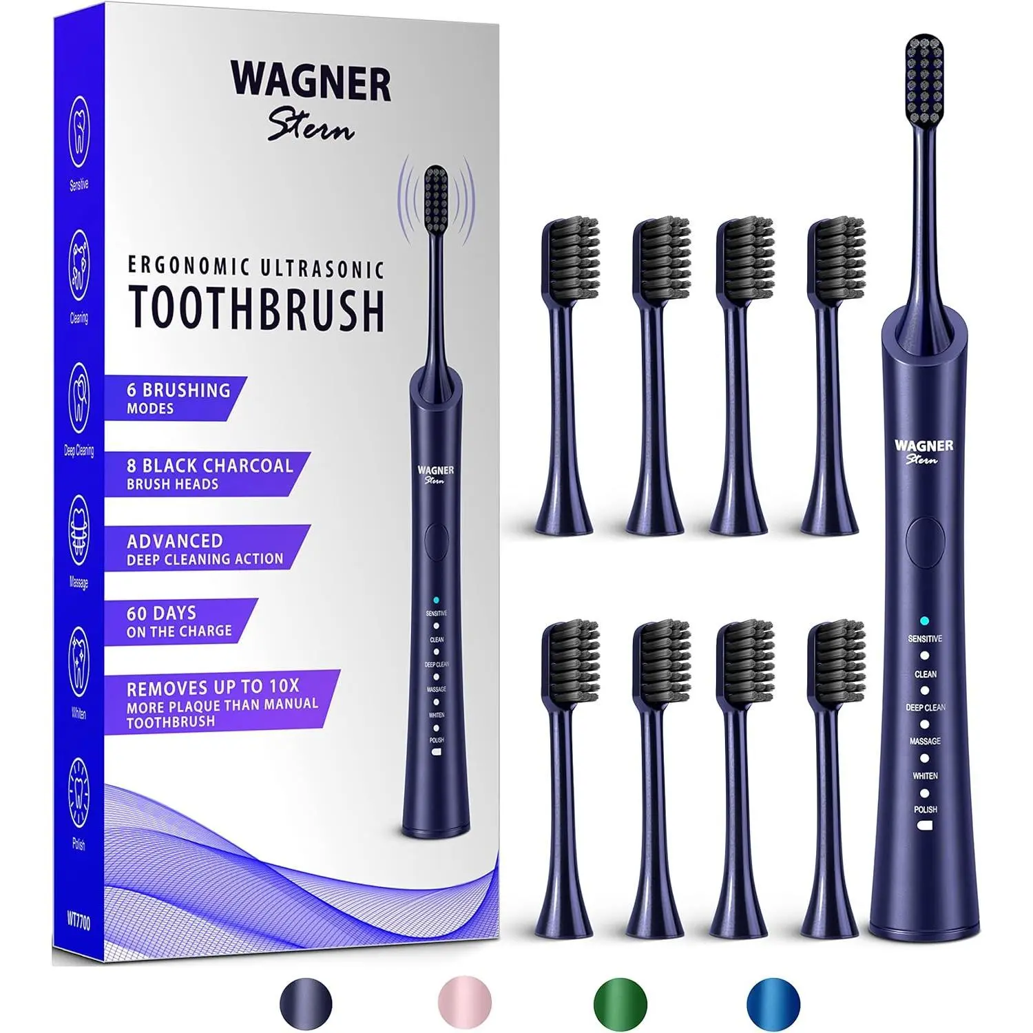 Ultrasonic Whitening Waterproof Electric Toothbrush, Single Item with 8 Charcoal Black Brush Heads for Fresh Breath & Healthy Smile (Blue)