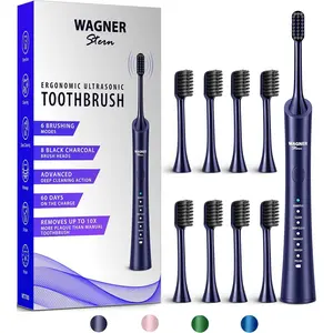 ultrasonic whitening Electric Toothbrush with 8 Charcoal Black Brush Heads. for Fresh Breath Healthy Smile. (Blue)