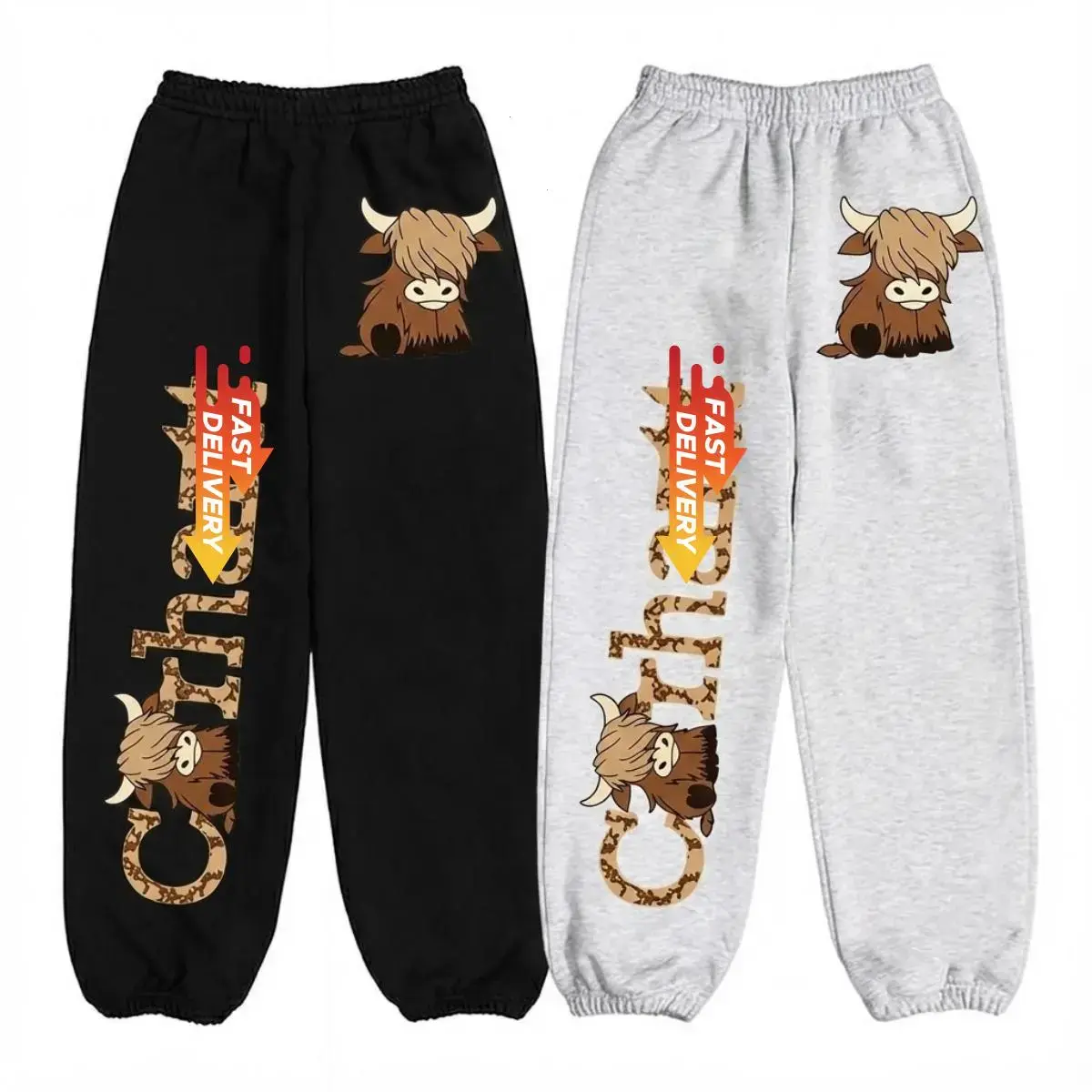 Highland Cow Cartoon Bull Jogger Sweatpants, Inspired Cute Highland Cow Trendy Unisex Streetwear Graphic Pants, Cozy Lounge Gift, Christmas Gift For Women, Men's Sweatpants, Streetwear Style Gift For Him, Western Sweatpant