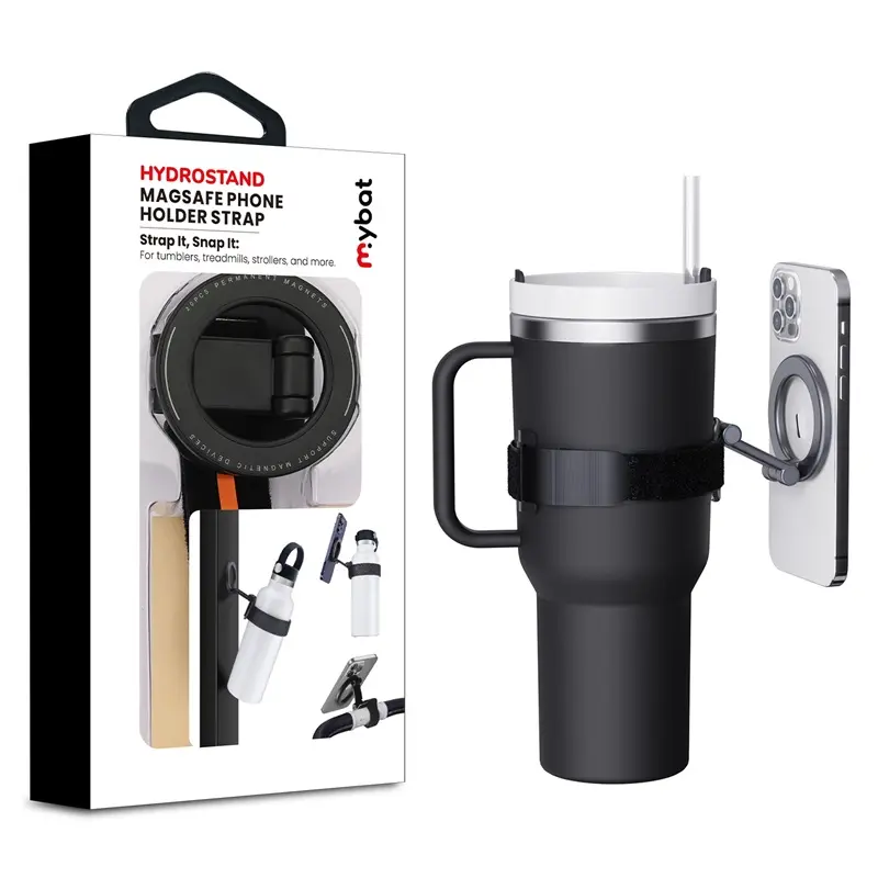 MyBat HydroStand MagSafe Magnetic Smartphone Holder Strap - Black Cellphone Mobile Accessory for Tumblers, Trekking, Strollers, Selfie Stick Combo Mount
