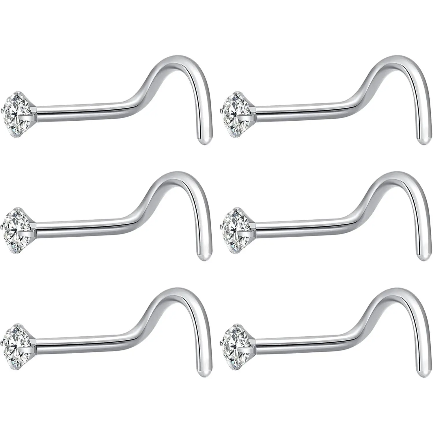 6Pcs Nose Rings Studs Corkscrew 20 Gauge Nose Piercing Jewelry Real Nose Piercings Surgical Steel 20G Screw Nose Rings Jewelry for Women Men 2mm 2.5mm 3mm CZ Gold Silver