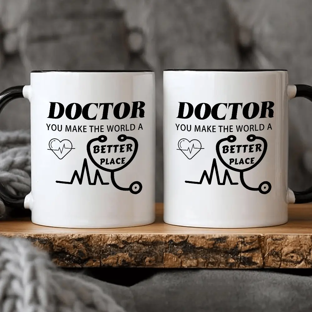 1pc "Doctor You Make The World A Better Place" 11oz Ceramic Coffee Mug with Heartbeat Stethoscope Design - White & Black Appreciation Gift for Doctors, Nurses, Medical Professionals - Birthday, Christmas, New Year Gift for Office or Home Use