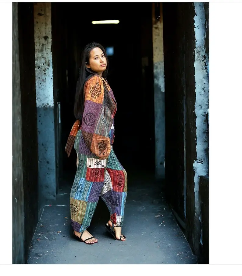Handmade Boho Patchwork Pants Set: Hippie Flare Sleeve Top
