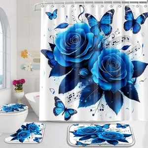 4 Pcs Bathroom Shower Curtain Set, Bathroom Set, Blue Rose Shower Curtain Sets with Rugs(Bath Mat,U Shape and Toilet Lid Cover Mat)