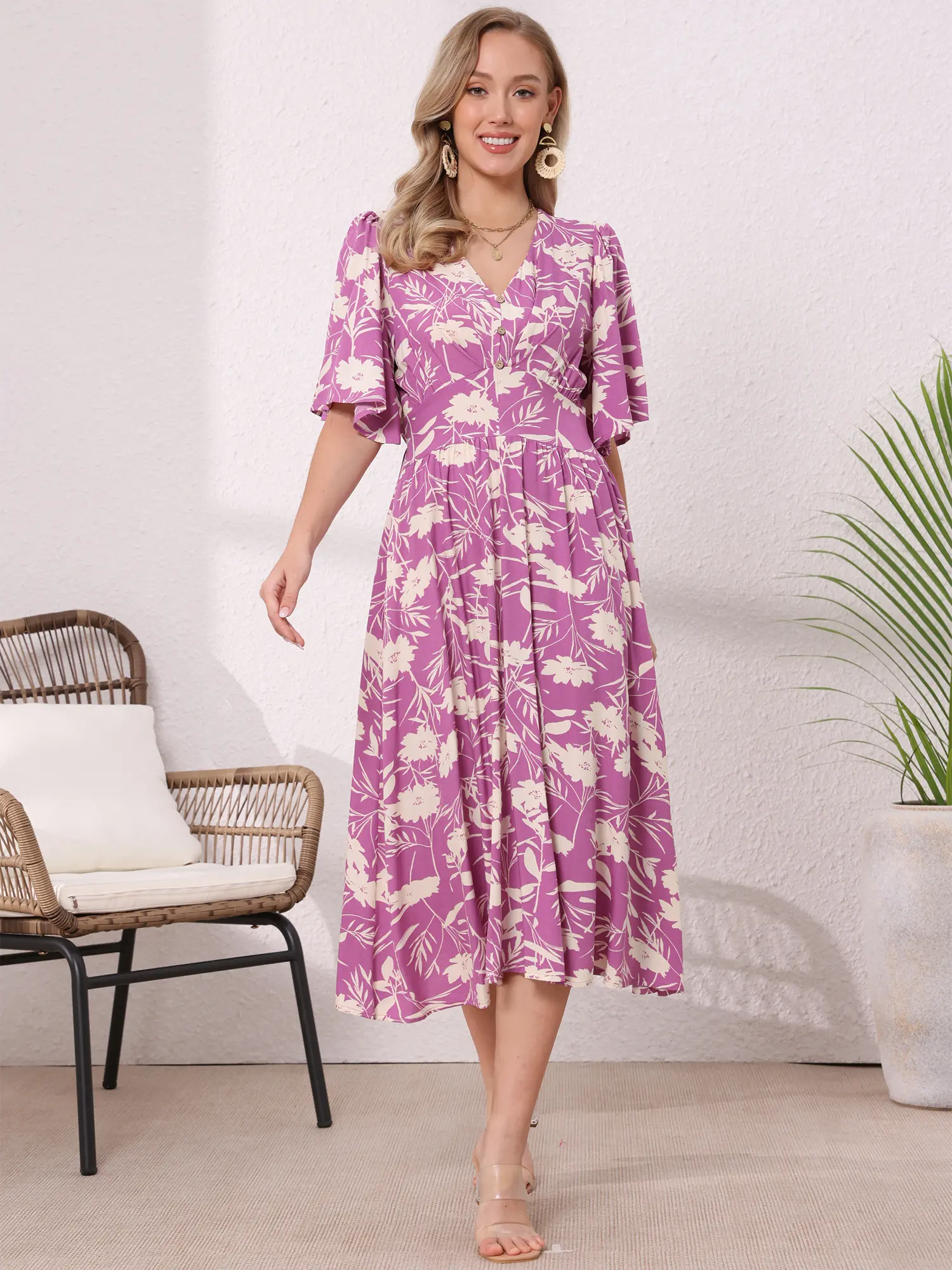 INSPIRE CHIC Floral Midi Dress Women's Summer Flutter Sleeve V Neck Flowy Vacation Dresses