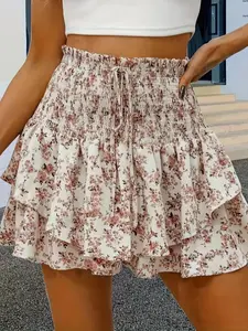 Women's Floral Print Woven Frill Trim Shirred Tiered Layer Shorts, Casual Loose High Waist Tie Front Drawstring Wide Leg Shorts for Spring & Fall, Women's Bottoms for Daily Wear