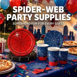 Spider Web Disposable Party Plate Set, Party Supplies, Includes Plates, Dessert Dishes, Cups, Napkins, Tablecloth, Banner, Perfect for Parties