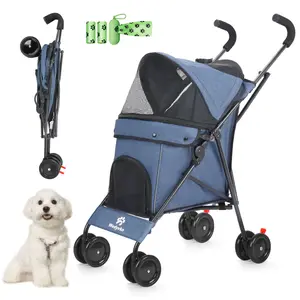 Umbrella Dog Stroller, Foldable Pet Stroller for Small Dogs Cats, 4 Wheels Pet Strolling Cart with Carrying Strap and Cup Holder, Breathable and Visible Mesh, Dog Poop Bags & Dispenser