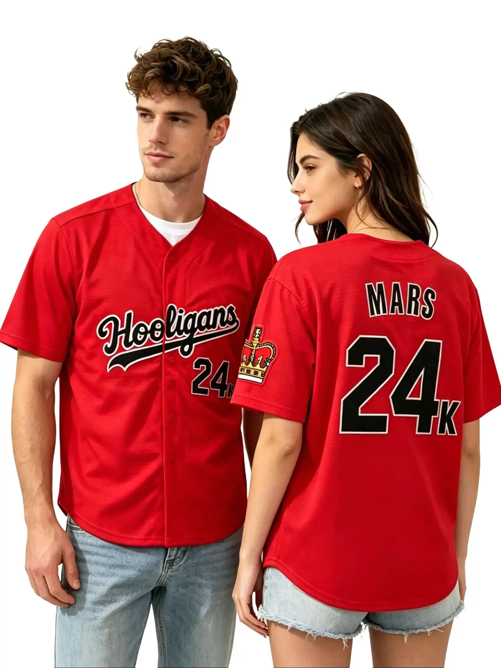 Men's 24K Mars Hooligans Hip Hop Rap UnisexBaseball Jersey Embroidery Couple Set Concert Red Top